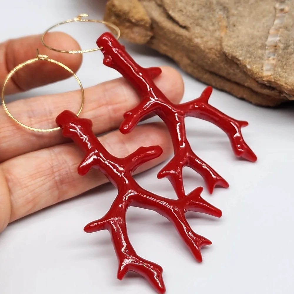 Anthro 14kt Gold plated Hoop Earrings/Studs Red Coral Branch